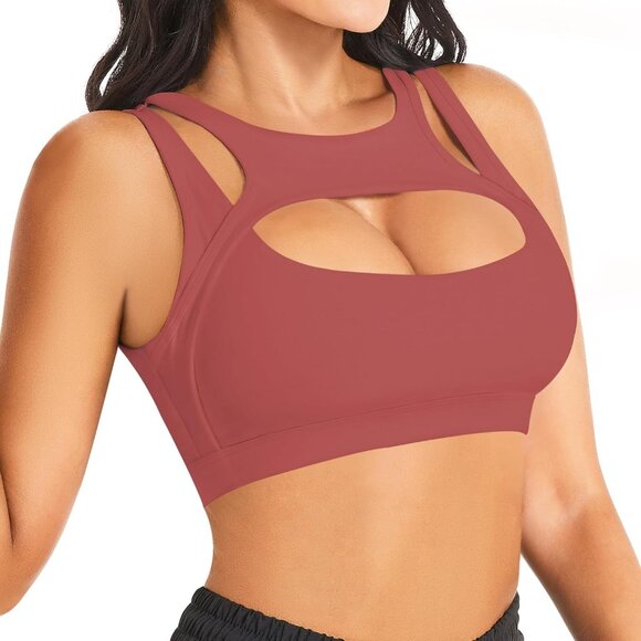 🆕Women Rose Red Nylon PushUp Sport Bra Sexy Hollow Crop Top Medium Support Yoga - Picture 1 of 6